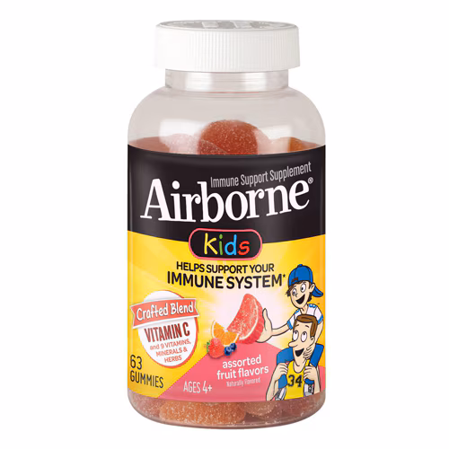 Suporte imunológico Airborne Kids Vitamina C + 9 vitaminas, minerais e ervas, frutas variadas - 63 gomas