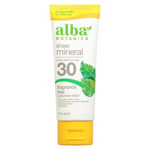 Alba Botanica Sheer Mineral FPS 30 Loção Protetora Solar Sem Fragrância -- 3 oz