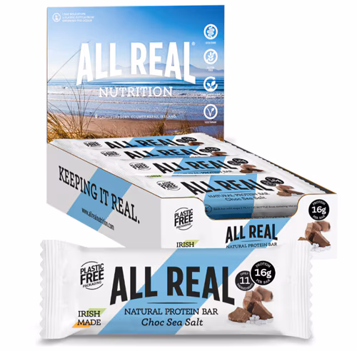 Barra de proteína totalmente natural com chocolate e sal marinho - 12 barras