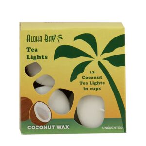 Velas de chá de cera de coco Aloha Bay em xícaras, sem perfume, brancas -- 12 velas