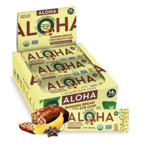 Barra de proteína vegetal orgânica Aloha , pão de banana, gotas de chocolate - 12 barras