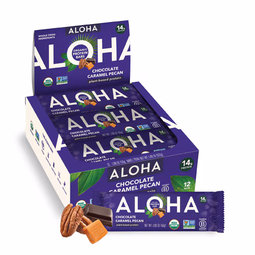 Barra de proteína vegetal orgânica Aloha com chocolate, caramelo e nozes pecan - 12 barras