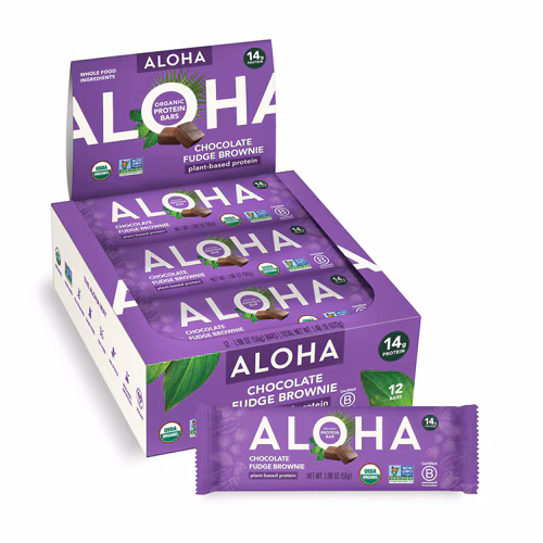 Barra de proteína vegetal orgânica Aloha, brownie com calda de chocolate e 12 barras