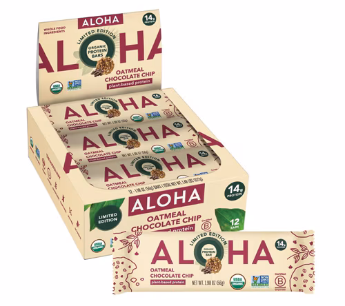 Barra de proteína vegetal orgânica Aloha com aveia e gotas de chocolate - 12 barras