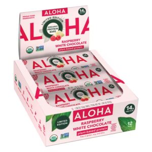 Barra de proteína vegetal orgânica Aloha com framboesa e chocolate branco - 12 barras