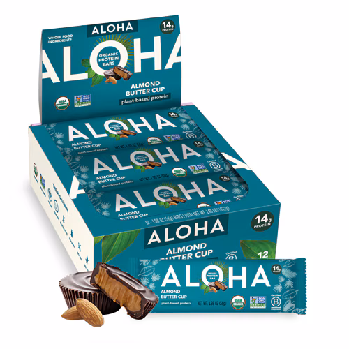 Barras de proteína orgânicas à base de plantas Aloha , manteiga de amêndoa, copo - 12 barras
