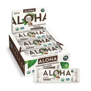 Barras de proteína vegetal orgânica Aloha com coco, chocolate e amêndoa - 12 barras