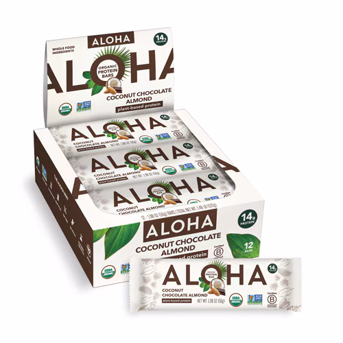 Barras de proteína vegetal orgânica Aloha com coco, chocolate e amêndoa - 12 barras