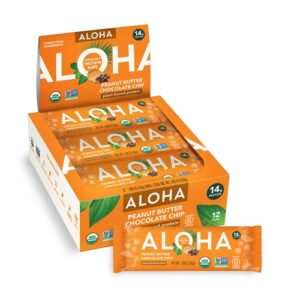 Barras de proteína orgânica à base de plantas Aloha com manteiga de amendoim e gotas de chocolate - 12 barras