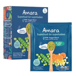 Mistura de vegetais orgânicos Amara Baby Superfood, ervilhas, milho e cenouras - 5 sachês