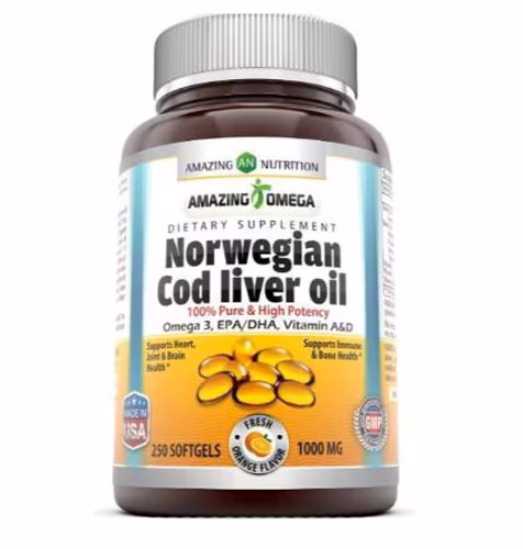 Óleo de fígado de bacalhau norueguês Amazing Nutrition Amazing Omega Laranja fresca -- 1000 mg - 2510 cápsulas gelatinosas