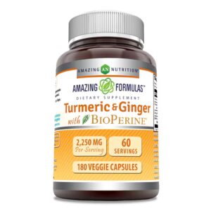 Amazing Nutrition Cúrcuma, Curcumina e Gengibre com BioPerine -- 1500 mg - 180 Cápsulas Vegetarianas