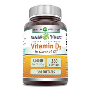 Vitamina D3 Amazing Nutrition com óleo de coco orgânico - 5000 UI - 360 cápsulas gelatinosas