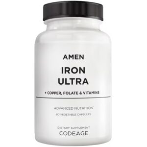 Suplemento AMEN Iron Ultra + Folato de Cobre, Vitamina C e B12, Sulfato Ferroso -- 65 mg - 60 Cápsulas Vegetais