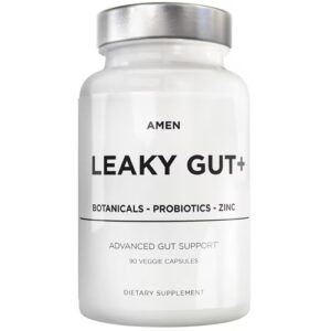 Suplemento vegano probiótico e prebiótico AMEN Leaky Gut + L-Glutamina Zinco Cúrcuma Raiz de Marshmallow - 90 cápsulas vegetais