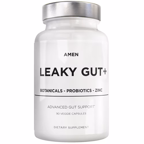 Suplemento vegano probiótico e prebiótico AMEN Leaky Gut + L-Glutamina Zinco Cúrcuma Raiz de Marshmallow - 90 cápsulas vegetais