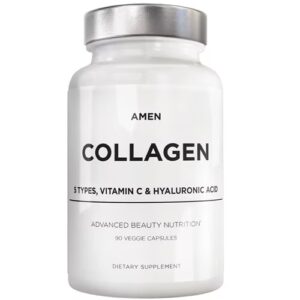 Peptídeos de colágeno múltiplo AMEN com vitamina C e ácido hialurônico - Suplemento de proteína de colágeno hidrolisado - 90 cápsulas