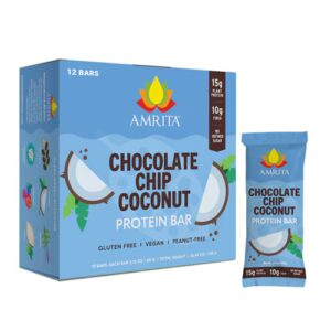Barras de proteína vegetal Amrita sem OGM com gotas de chocolate e coco - 12 barras