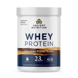Proteína de soro de leite alimentada com capim da Ancient Nutrition, 23g, proteína hidrolisada, peptídeos de colágeno, proteína do leite A2-A2 regenerativa orgânica, chocolate, manteiga de amendoim