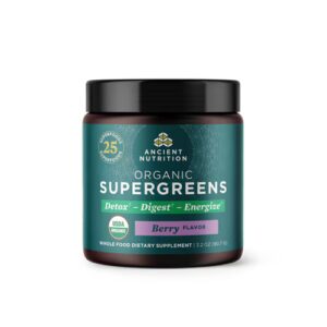 Pó SuperGreens Orgânico da Ancient Nutrition Detox Digest Energize, 12 Porções de Frutas Vermelhas -- 3,2 oz