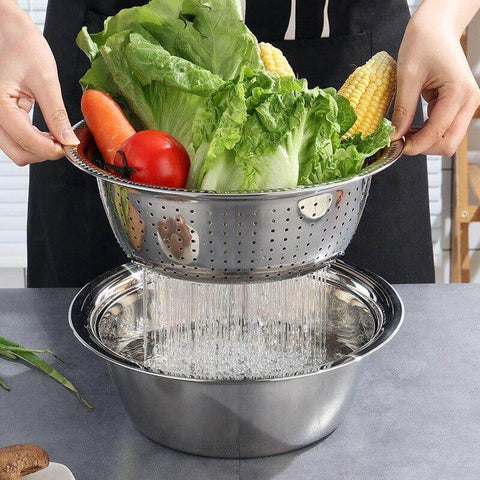 Conjunto de 3 Utensílios de Cozinha - Ralador/Fatiador, Escorredor e Bacia