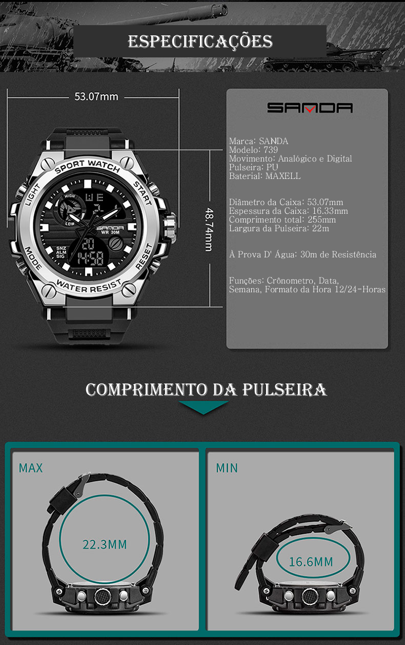 Relógio Masculino Militar Esporte SANDA 739