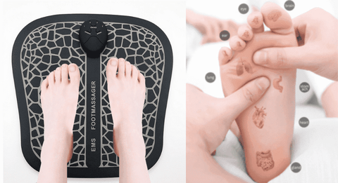 Massagem nos pés com as mãos e com o aparelho RelaxPé